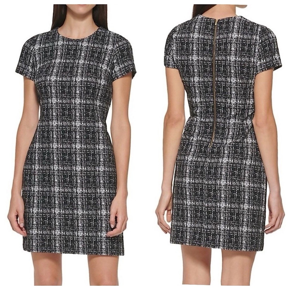 Calvin Klein Jersey‎ Sheath Mini Dress Womens Sz 10 Black Plaid Short Sleeve